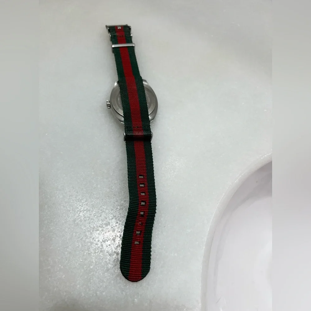 Gucci Black Dial Stainless Watch with Green and Red Nylon Strap